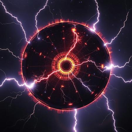 Dyson sphere surrounding a civitai buzz lightning bolt that says can I have some buzz