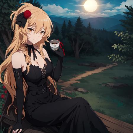 (masterpiece),(best_quality),detailed,Celica_Arfonia,1girl,solo,black_dress,full_body,sitting,drinking_tea,sun,daytime,nature_background,trees,forest,pines,cloud,mountains,breasts, hazel_eyes, blonde_hair, cleavage,  <lora:Celica_Arfonia-10:0.7>