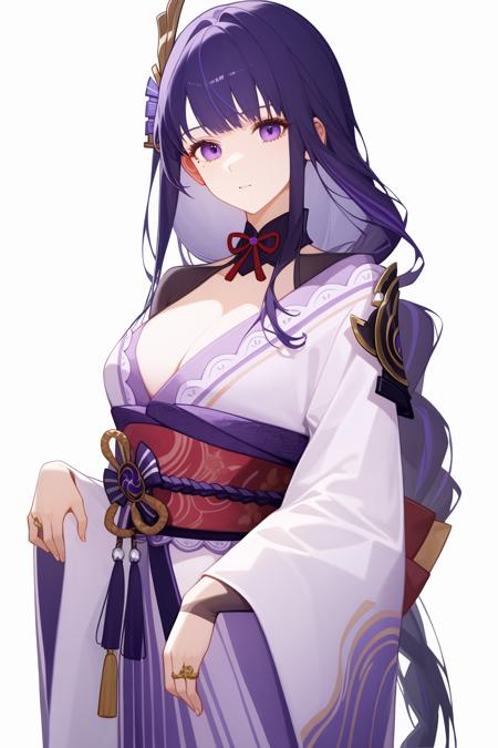 raidenshogun,1girl,mole,braided ponytail,cleavage,obi,bridal gauntlets,long sleeves,wide sleeves,purple kimono,tassel,obijime,ribbon,obiage
