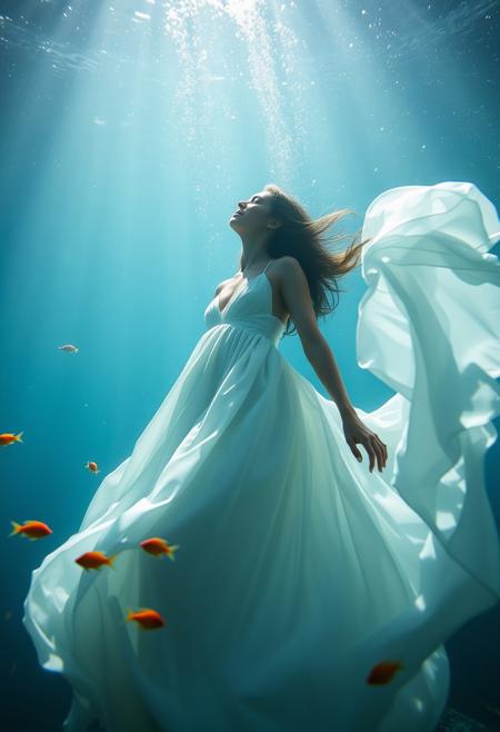 The image depicts a Woman wearing a billowing white dress that floats around her, creating an ethereal effect. The lighting in the image gives it a serene and dreamlike quality, with beams of light filtering through the water, illuminating particles and casting an overall glow on the scene. underwater biome and small orange fishes surround them.