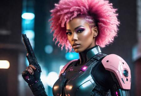 ultra wide action scene, a sexy half african half caucasian female cyberpunk military officer with realistic pink afro hair. glowing white eyes, one cyborg arm, cyborg face implants, beautiful strong facial expression, cyberpunk military uniform, her platoon saluting her