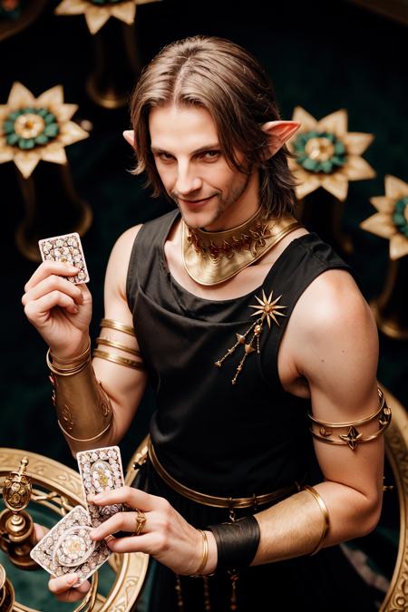 Urianger,  looking at viewer,  smile,  holding,  jewelry,  closed mouth,  flower,  sleeveless,  blurry,  blurry background,  from above,  ring,  tarot card,  holding card, <lora:EMS-48060-EMS:0.800000>