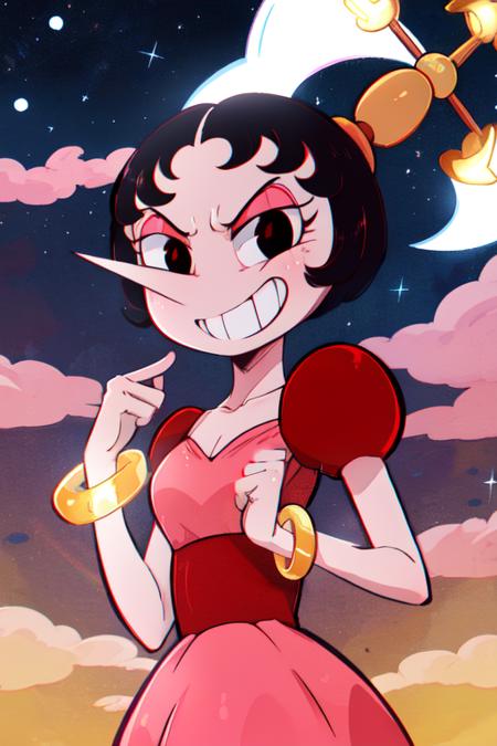 hilda, black hair, short hair,  black eyes,  pink skin, 
red dress, gold  bangle,  head hair ornament, 
standing,  evil grin, 
 nighttime, cloud, 
(insanely detailed, beautiful detailed face, masterpiece, best quality)
 <lora:hildaberg-10:0.8>