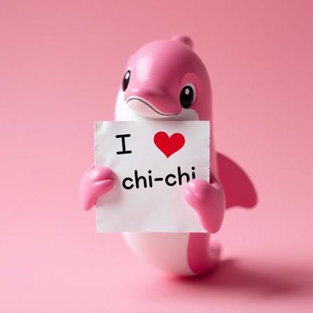 A pink dolphin holding a paper, with the text "I love chi chi" on the paper