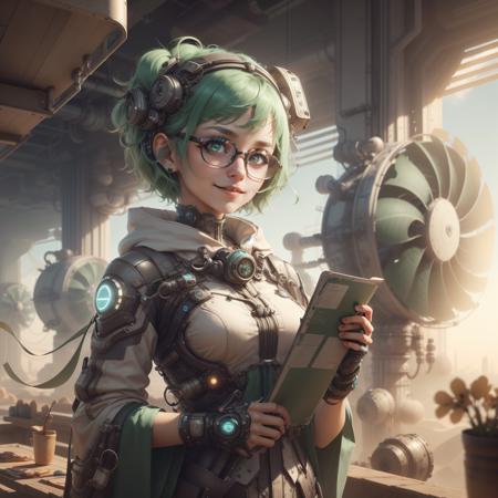 <lora:WindTech-15:0.8>, windtech , scifi, wind turbines and fans , pipes ,  (cyberpunk:0.7), 
scholar , scroll, 1girl,short hair, green hair, glowing eyes, smile ,closed mouth,glasses,