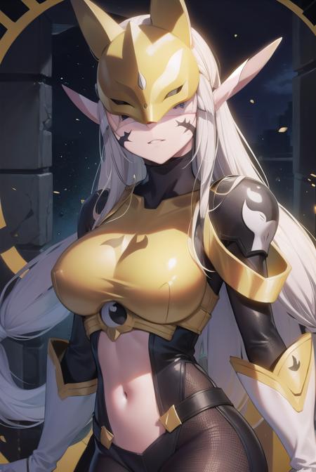 sakuyamon, <lora:sakuyamontest:0.9>, 
sakuyamon, animal ears, fox, fox ears, long hair, white hair, facial mark, fox mask, mask, (covered eyes:1.7),
BREAK armor, belt, bodysuit, gauntlets, golden armor, high heels, yin yang,
BREAK ,
BREAK outdoors, city, 
BREAK <lora:GoodHands-vanilla:1>, (masterpiece:1.2), best quality, high resolution, unity 8k wallpaper, (illustration:0.8), (beautiful detailed eyes:1.6), extremely detailed face, perfect lighting, extremely detailed CG, (perfect hands, perfect anatomy),