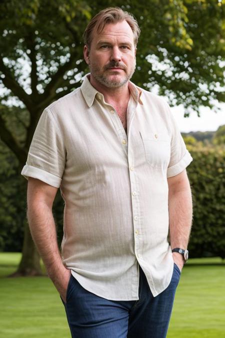 Handsome middle-aged british man,dadbod,beefy, in an old english estate, saltburn,linen shirt,(groomed:0.5),rolled-up sleeves,casual sophistication,tousled hair,wristwatch accent,(laid-back charisma:0.7),perfect lighting,perfect shading,<lora:AdvancedEnhancer:1>,<lora:xl_more_art-full_v1:1>,