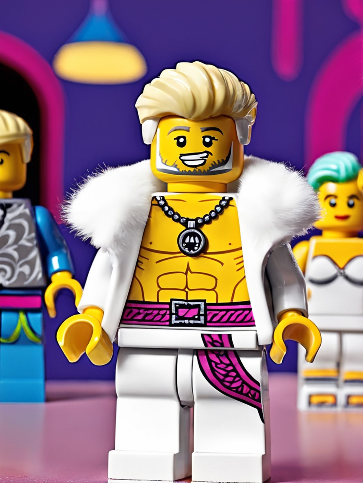 <lora:Lego_XL_v2.1:0.8>
LEGO MiniFig. 
A man with platinum blonde hair and an athletic build wears a luxurious white fur c...