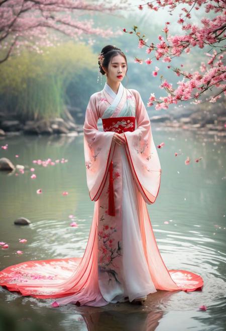 A very beautiful young woman wearing traditional Chinese clothing, Hanfu, very beautiful, fairy spirit, surrounded by petals, by the river, movie texture, ultra high quality, 4K, outstanding, detailed, full-body shot
