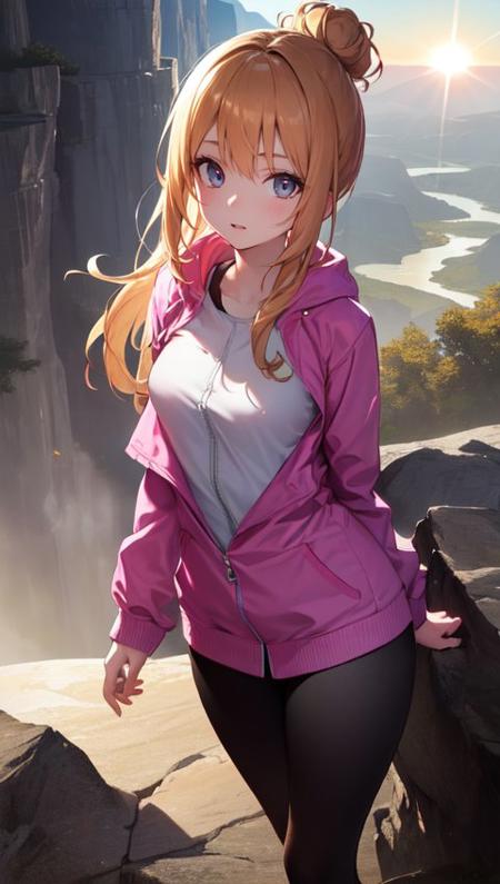 (( A young woman is standing at the edge of a rocky cliff, overlooking a vast canyon. She is wearing a pink windbreaker and black leggings, with her hair styled in a tight bun. The sun is setting behind her, casting a warm orange glow on her determined expression. The camera is positioned from a distance, capturing the breathtaking view of the canyon.))((masterpiece)), (1girl, solo), masterpiece, best quality, high quality, absurdres, shiny skin, colorful, best quality, hyper detailed, beatlful detailed, reflective hair, good lighting, ray tracing,  ultra-detailed, illustration,fine detail, extremely detailed, ((ultra-detailed)), (beautiful detailed girl), beautiful detailed glow, intricate detail, highres, an extremely delicate and beautiful, beautiful detailed eyes,  hdr, rounded eyes, detailed facial features, (illustration), (beautiful detailed eyes)