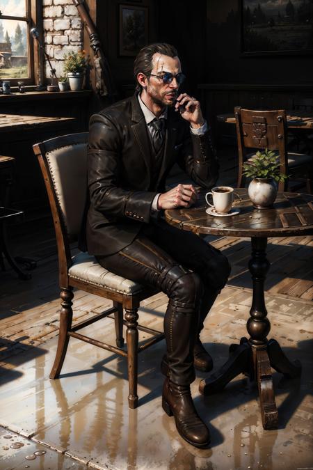 (masterpiece, top quality, best quality, official art, detailed:1.2), cafe,  <lora:lambert-20:0.7>,lambertW3_soul3142, sunglasses, (tuxedo), sitting, chair, full body, coffee, table, window, from side,