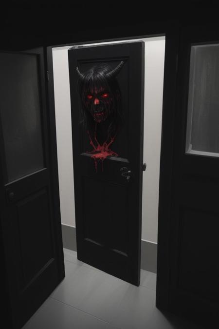 a very dark room with a small door, with colors, the most prominent being black and red, a horrifying demon with very skinny hand and face barely leans out of the barely open door,
