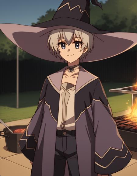 miyabi kuromiya, short hair, bangs, blue eyes, hair between eyes, grey hair, shirt, long sleeves, hat, collarbone, white shirt, pants, wide sleeves, coat, black headwear, witch hat, robe,