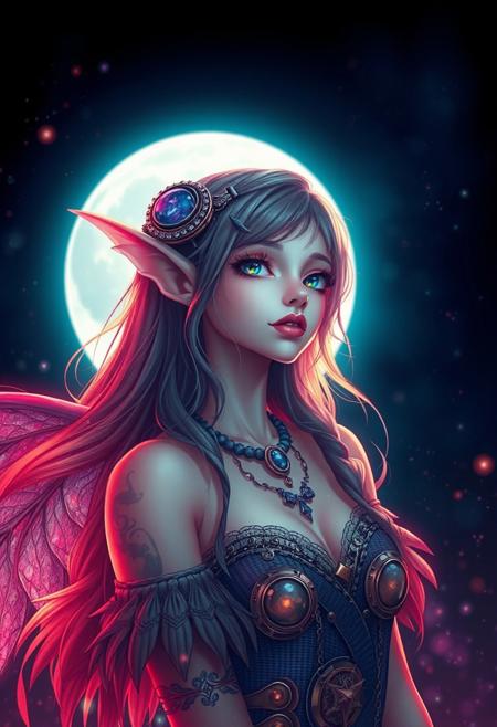 (Anime Style), Cosmic Steampunk Elf, seductive, innocent, space dust, Heavenly, rich vibrant vivid colors, full moon night background, (Portrait photo), (depth of field), (dynamic angle), (fine textures details), (sharp), (artistic image)