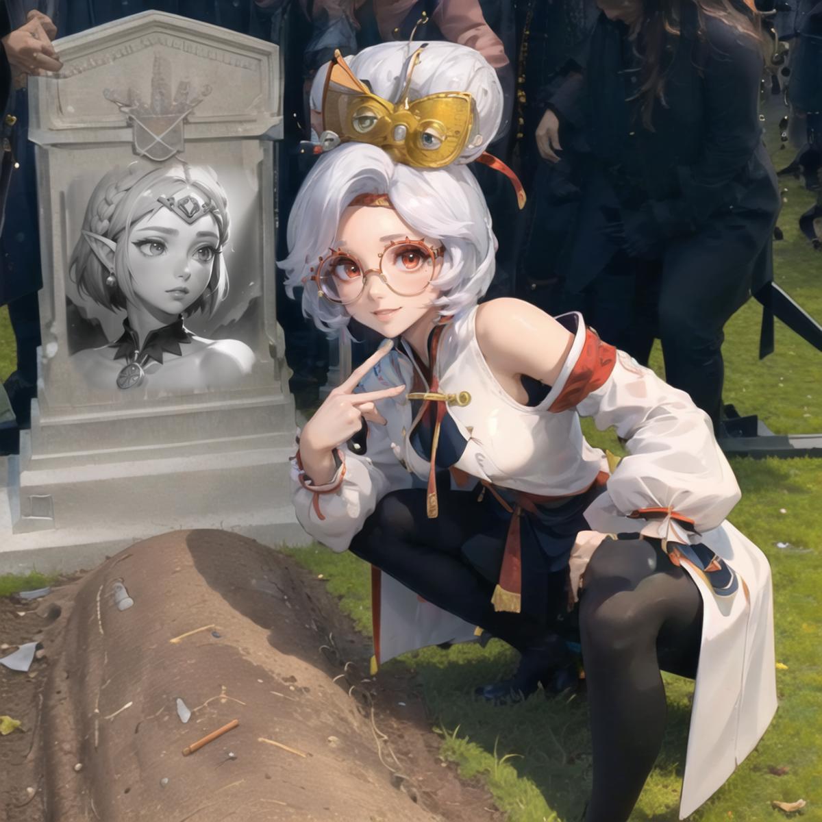 A woman posing for a picture with a grave and a picture of a girl on it.