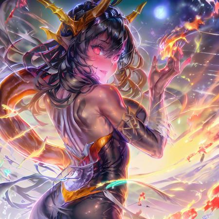 masterpiece, muddymelly, solo, looking at viewer, (very long hair), red eyes, 1girl,  black hair,  female focus, from behind, looking back, scales, dragon girl, dragon horns, smile, glowing eye, red lips, (fire:1.3), flames, motion blur, night, black dress, dragon tail, bare shoulders, detailed hands
<lora:muddymelly-44:1>