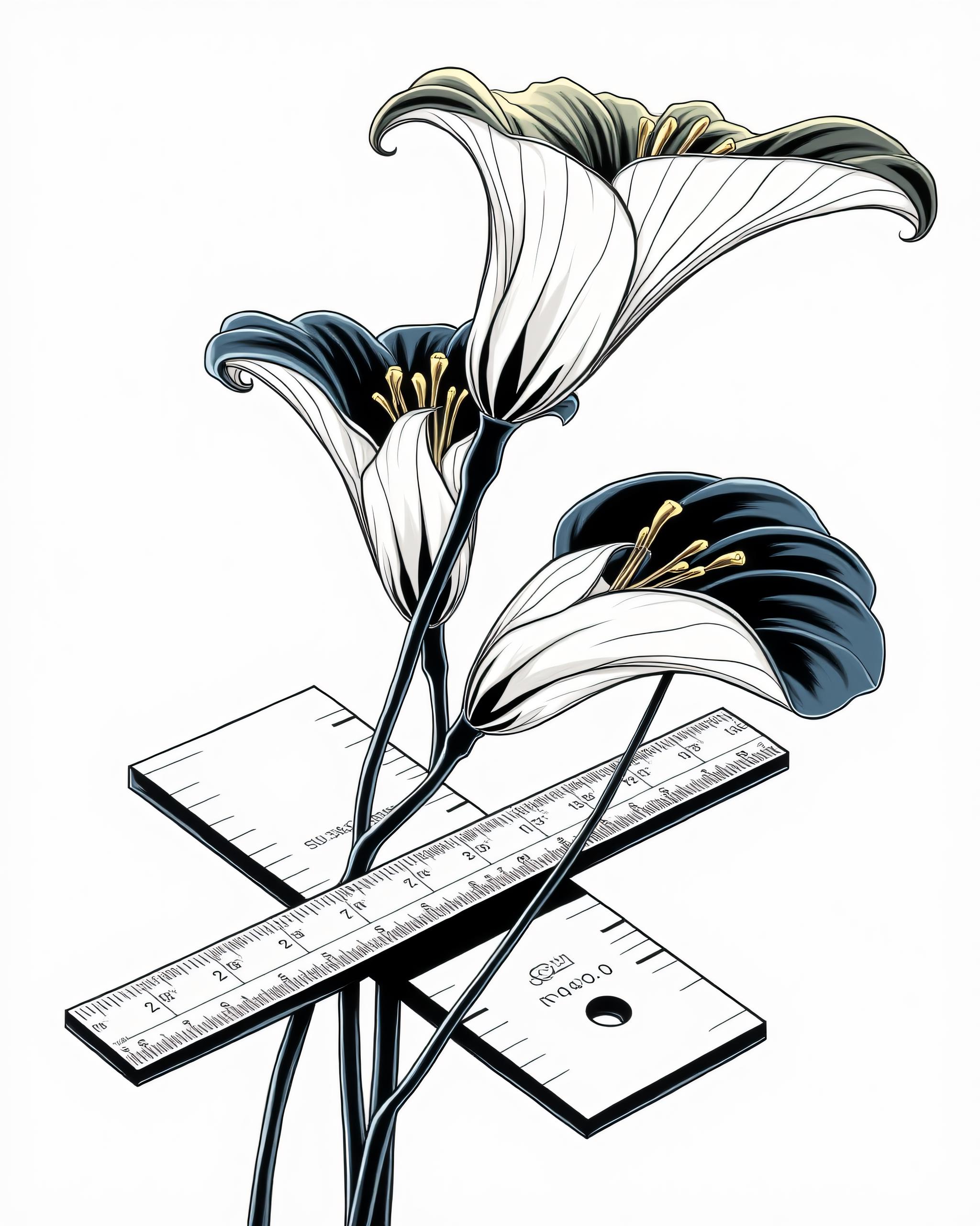 Conceptual Art, line art drawing black and white with vibrant manganese-blue-hue,naples-yellow-light,lemon-yellow-hue accents, sharp lines, high contrast, complimentary color theme, three open lilies with curved stems, the lilies intertwine with an oversized right-angle two-piece carpenter square tool with imperial measurement markings, 2D flat illustration, optical illusion, in memoriam simplistic artwork, in the style of M.C. Escher, line art, bright white background . professional, sleek, modern, minimalist, graphic, line art, vector graphics, concept art