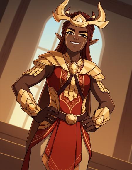 <lora:dragonprince-janai-ponyxl-lora-nochekaiser:1>, janai, long hair, brown hair, brown eyes, pointy ears, dark skin, dark-skinned female, facial mark, horns, dreadlocks, armor, golden armor, dress, red dress, belt, headgear,