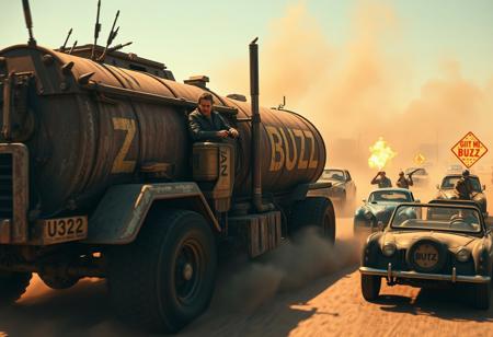 Mad Max, Mel gibson dusty hurt serious driving a rusty tanker truck  with spikes and old weapons with the letters "BUZZ" on the side of the truck being chased and attacked by several post-apocalyptic cars with guns and angry people with  post-apocalyptic clothes shouting "give me BUZZ"