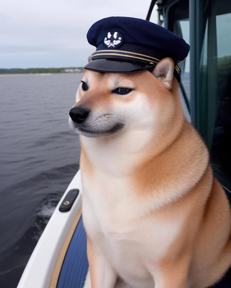 <lora:Cheems_50_2-000001:.85> shiba inu as an old sailor on a boat far out to sea, wearing a sailor hat and navy uniform