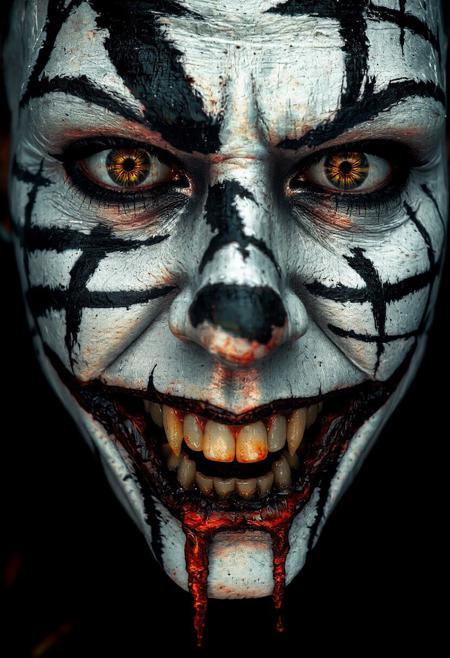 bo-neon, ArcaneFGTNR, a highly detailed digital artwork depicting a close-up of a person's face, likely a clown or clown, with a striking and intense expression, the subject's face is predominantly white, with bold, black and red graffiti-like patterns covering the entire surface, including horizontal and vertical lines, creating a chaotic yet striking design, the graffiti is predominantly black with gold accents, adding a sense of chaos and intensity, the person's eyes are large and expressive, with golden irises that stand out against the stark white background, their lips are full and slightly parted, revealing sharp, white teeth with a vivid red interior, dripping with blood, the texture of the graffiti appears rough and uneven, with some areas appearing darker than others, the background is a solid black, ensuring that the focus remains on the subject, the overall style of the artwork is highly stylized and hyper-realistic, with meticulous attention to detail and texture, making it a captivating and provocative piece of art, high quality, ultra detailed, colorful, grainy, cyberpunk fantasy<lora:boFLUX Abyss Neon.safetensors:0.8:0.8> <lora:ArcaneFGTNR.safetensors:1.0:1.0>