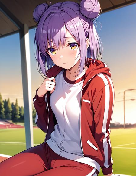 1girl, solo, solo focus, tachibana akane, purple hair, hair bun, double bun, purple eyes, yellow eyes, gradient eyes school uniform, white shirt, collared shirt, red blazer, blue bowtie, long sleeves, white skirt, pleated skirt