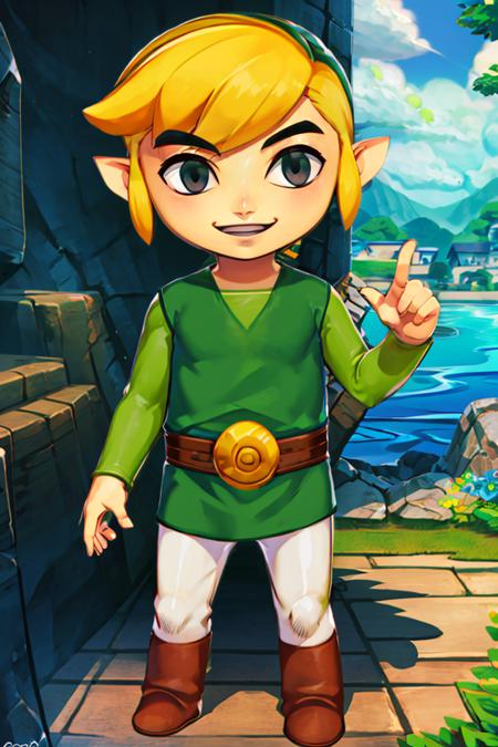 <lora:Genzoman_Style_Dim64:0.6>,((masterpiece,best quality)),  <lora:Toon_Link_Zelda:0.9>, Toon_Link_Zelda, black eyes, blue link, solo, 1boy, tunic, belt,  solo, smiling, standing, looking at viewer,