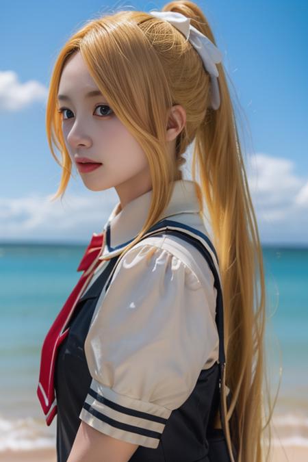 kamio misuzu school uniform, necktie, shirt,dress, short sleeves, sailor collar,  very long hair, blonde hair, ponytail, hair ribbon,