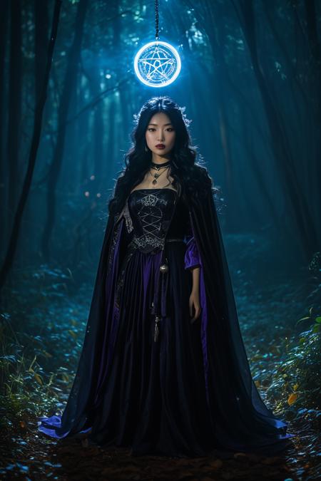 (HD, masterpiece, best quality, hyper detailed, ultra detailed, super realistic),Subject Description:  A young Asian witch girl stands confidently, wearing a mystical outfit adorned with intricate patterns and symbols. Her long, flowing hair catches the dim light, and her expression is one of concentration and determination. She raises her right hand high, where a glowing fire orb hovers, illuminating her face and casting playful shadows around her.  Attire:  The witch girl wears a flowing black and deep purple robe, layered with a shimmering cape that sparkles like stars. Her outfit is accented with silver jewelry, including a crescent moon pendant. She has fingerless gloves, and around her neck, a collection of small talismans glints in the light.  Background:  Set in a lush, enchanted forest under a starlit sky, surrounded by towering trees and soft underbrush teeming with wildlife. Bioluminescent plants cast a faint glow, adding to the magical ambiance.  Lighting and Photography Details:  The scene utilizes dramatic chiaroscuro lighting, highlighting the witch and the fire orb while the background fades into darkness. The glowing orb serves as the primary light source, creating a moody and cinematic atmosphere. Shot in ultra-high definition (4K/8K) with HDR techniques to enhance the rich colors and textures, ensuring an extremely detailed portrait and environment., SDXL Perfect_Eyes, SDXL super_beauty_face SDXL Lightning, SDXL.lyco neg4all_bdsqlsz_xl_V91, SDXL.lyco EnvyDramaticLightingXL02_photo<lora:SDXL Perfect_Eyes.safetensors:0.5:0.5> <lora:SDXL super_beauty_face SDXL Lightning.safetensors:0.7000000000000001:0.7000000000000001> <lora:SDXL.lyco neg4all_bdsqlsz_xl_V91.safetensors:0.7000000000000001:0.7000000000000001> <lora:SDXL.lyco EnvyDramaticLightingXL02_photo.safetensors:0.7000000000000001:0.7000000000000001>