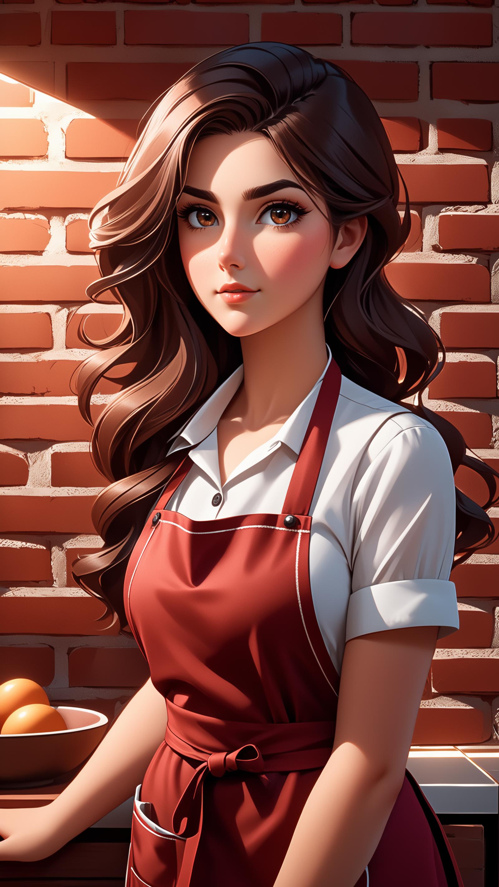 A beautiful, illustrated woman with a red apron and white shirt, standing in front of a brick wall.