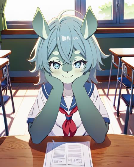 full body, 1girl, melusine, green skin, grey hair, blue eyes, straight ears, thin tail, smile, classroom, sailor uniform, school girl uniform, red skirt, black pantyhose, lying, on stomach, on desk, hands on own cheeks, hands on own face, head rest,
 <lora:MelusineV3:1>