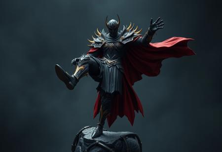 Surreal matte painting interpretation of a "Dark Souls" character figurine. The figure is captured in a dark, gravity-defying pose, balancing impossibly on one leg. Exaggerated black and gold armor with dramatic spikes and complex Houdini Style procedural details is rendered with painterly depth. A deep red cape flows like liquid over the shoulders. The black mask with gold accents is a void within a void. The character is the intense, central focus against a moody, dark, textured background that feels both infinite and claustrophobic. The composition utilizes a Creative Angle and the Golden Ratio for unsettling balance. Stunning Colors clash and blend Harmonious Colors create an intense mood. Beautiful Matte Painting textures and brushwork, influenced loosely by Raphael Style drama and form. Captivating Lighting creates deep shadows and sharp highlights. Isometric perspective, Dynamic Action Pose, Joyful Impact (interpreted through the intensity of creation), Powerful Message (of perseverance). fantasy