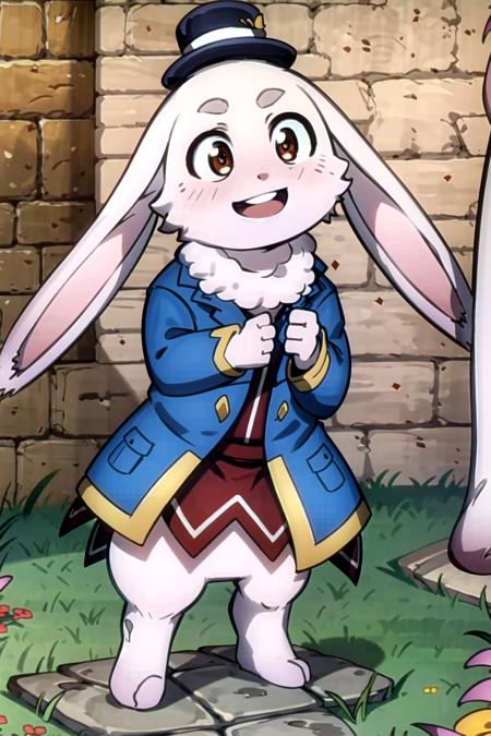 (masterpiece), (best quality), (detailed background, best lighting), ultra-detailed, highly detailed, (((blush))), solo, (happy), (smile),
<BRAKE>
on stone, on grass, (colorful flowers), shadow, sunlight, warm, side lighting,
<BRAKE>
(emull), furry, rabbit, rabbit ears, open mouth, teeth, looking at viewer, blue jacket, hat, standing,  <lora:Emul_00_02:1>