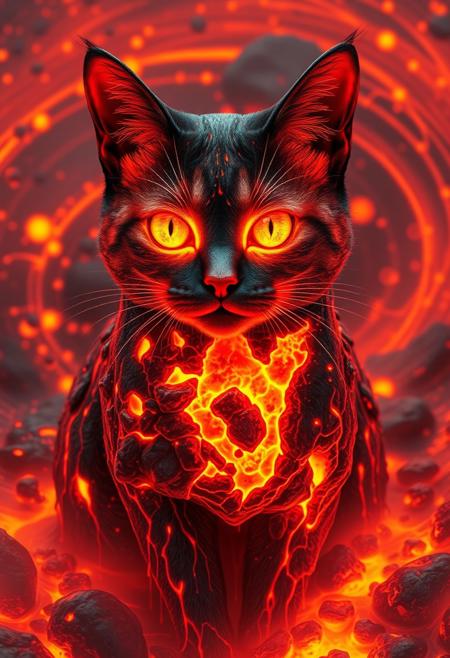 "Create a photorealistic image of a cat made from molten lava, with fissures on its body glowing with an intense, fiery light. Magma drips from its body, as if the cat is slowly melting into a pool of liquid fire. The eyes are gorgeous and radiant, with a beautiful pattern of glowing embers and molten rock swirling around them, creating a sense of depth and dimension. The overall effect is one of breathtaking, fiery wonder. The image should be surrounded by a swirling vortex of magma bubbles, as if the cat is emerging from a sea of molten lava. The bubbles should be rendered in exquisite detail, with subtle texture and movement, adding to the sense of energy and dynamism. The image should capture the intricate details of the molten lava, with a sense of movement and flow." Highest-Quality, 4k, intricate details, visually stunning, Masterpiece