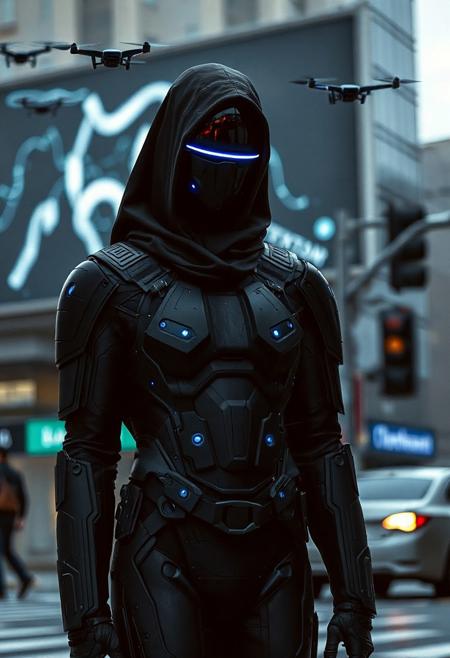 Null Node
A silent, gender-ambiguous figure clad in a jet-black full-body suit made of modular matte armor and glowing blue data nodes. Their face is obscured behind a featureless reflective mask with a single thin, blinking lens at the center, like a surveillance cyclops. Drones hover faintly around them. Standing in mid-glitch—edges fragmented like a corrupted hologram—Null Node leans in shadow against a digital billboard that flickers behind them, casting streaks of artificial light across their cloaked form in a city intersection gone silent.