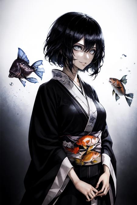 beautiful concept art of a dream story of a girl in kimono and many goldfish, bob hairstyle and black haircolor, symmetrical perfect fine face detail delicate features quiet gaze and evil smile, dark eyes, cute breasts, summer, , 45 angle, reduce saturation, bold line painting, beautiful light, volumetic lighting, intense shadow, sharp focus, ,4K<lora:SilvermoonMix06_2:1>