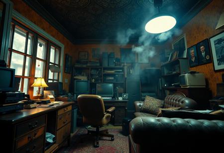 (ANTIQUE, NOSTALGIC, VINTAGE, RETRO THEMED DECOR), (Captured with a Hasselblad medium-format camera with a 80mm Zeiss lens at f/1.8), Sharp Focus. (Dynamic Random Angled Shot), Layered Foreground, (Fluorescent Lighting) with (Stark Contrasting Shadows), (cluttered detailed home office), [Smokey Windows], Retro Desk, (weathered leather desk chair, retro sofa), hoarder's paradise, hoarded vintage technology all over, (richly painted bright textured walls, dark embossed ceiling), (Creative Light Source), [[Extremely Subtle Glowing Light]], ZOOM-OUT,