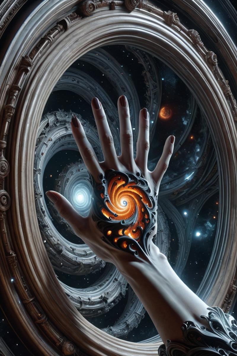 A hand with a spiral tattoo reaching out to the cosmos in a surreal painting.
