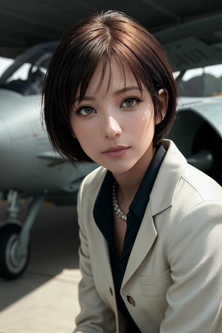 photo of a beautiful woman  (EP4y4n4K4j1w4r4:0.99), a woman as a sexy air pilot, (sexy pilot suit:1.1), (in a hangar), (in front of a fighter aircraft:1.1), modelshoot style, (extremely detailed CG unity 8k wallpaper), photo of the most beautiful artwork in the world, professional majestic oil painting by Ed Blinkey, Atey Ghailan, Studio Ghibli, by Jeremy Mann, Greg Manchess, Antonio Moro, trending on ArtStation, trending on CGSociety, Intricate, High Detail, (Sharp focus:1.1), dramatic, photorealistic painting art by midjourney and greg rutkowski, ((looking at viewer:1.2)), (detailed pupils:1.3), (closeup), 24mm, exposure blend, hdr, extremely intricate, High (Detail:1.1), dramatic, soft cinematic light, (looking at viewer), (detailed pupils), 4k textures, soft cinematic light, elegant, ((((cinematic look)))), soothing tones, insane details, hyperdetailed, ("In Jernau we trust!":1.1)