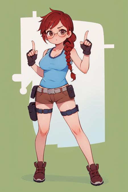 (masterpiece, best quality:1.2), 1girl, solo, looking at viewer, breasts, <lora:ashrss:1>, ashrss, braid, tank top, single braid, gloves, shorts, fingerless gloves, sunglasses, holster, tinted eyewear, thigh holster, brown shorts,