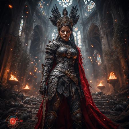 masterpiece portrait of a fantasy warrior queen in a ruined cathedral battleground::1.4, Capcom cinematic realism style::1.2, high fantasy action RPG key art::1.1,

(physical description: statuesque adult woman with light brown skin, toned muscular build, long dark braids adorned with gold rings:1.1),
(facial features, expression: intense, commanding eyes with a stoic expression of controlled fury:1.0),
(clothing details: ornate obsidian-black armor with silver filigree, crimson velvet cape torn at the edges, armored corset and plated greaves:1.0),
(accessories: jeweled crown shaped like raven wings, ancient runeblade etched with glowing red glyphs, battle-worn scabbard:0.9),

(background setting: crumbling cathedral overtaken by vines and firelight, shattered stained glass casting colored shards of light, fallen enemies strewn across the stone floor:0.9),
(lighting style: dramatic directional lighting from flaming braziers and moonlight through high arches, high contrast highlights on armor:0.8),
(composition and camera framing: low-angle hero shot from slightly behind and to the side, focused on the queen’s stance atop cathedral stairs:1.0),
(emotional tone or theme: dark fantasy glory and grim authority, unbending leadership forged through blood and conquest:0.9),

(technical execution: ultra-detailed architectural textures, sharp realism in metallic surfaces and cloth rendering, cinematic motion blur on cape and embers:0.8),
(user interface elements: stylized fantasy UI with health/mana bars shaped like phoenix wings, skill icon wheel in lower left corner:1.0)