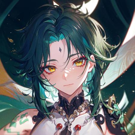 <lora:vividImpactfulStyleYoneyamaMai_v40hLocon:0.15> 1boy,dark green hair,best quality,masterpiece,extremley,yellow eyes,male focus,beautiful eyes,<lora:xiaoGenshinImpact_v30:0.8>,