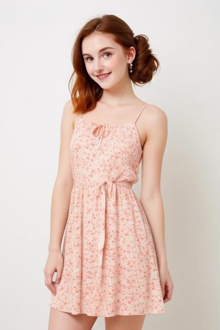 HD, perfect quality, 16k, very detailed,  a beautiful 21yo college girl with ginger hair in an updo, pale skin, wearing a calico floral dress, pink fleckes, green eyes, slim, detailed skin, hair behind ear, smiling proudly, standing in front of white background