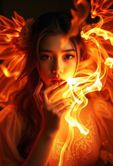 Unusual, original fine art photograph of Fire Essences with intense dramatic lighting, shoujo manga style elements, pastel color palette, magical transformations, celestial themes, romantic atmosphere, and expressive characters, showcasing high contrast, soft saturation, and a professional, editorial photography style.