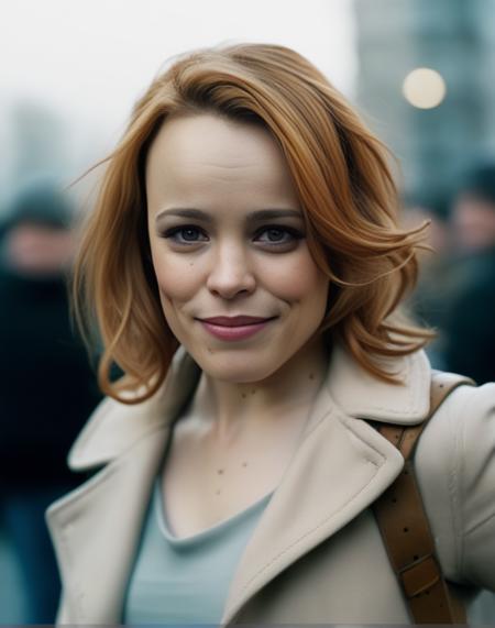 RachelMcadams,<lora:RachelMcadamsSDXL:1>, cinematic photo (art by Mathias Goeritz:0.9) , photograph, Lush Girlfriend, looking at the camera smiling, Rich ginger hair, Winter, tilt shift, Horror, specular lighting, film grain, Samsung Galaxy, F/5, (cinematic still:1.2), freckles . 35mm photograph, film, bokeh, professional, 4k, highly detailed