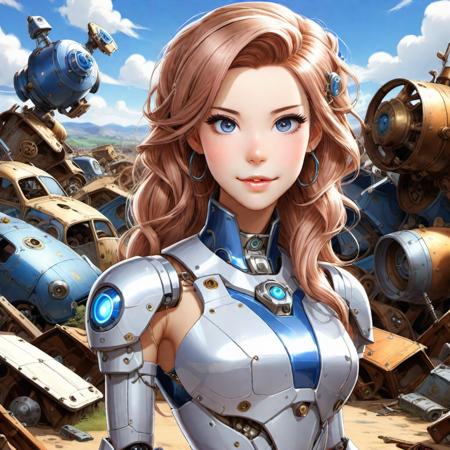 pixar style portrait shot, pin-up anime belle delphine robot in a junkyard, artwork by granblue fantasy, artgerm, attack on titan, high quality, amazing background by ghibli, wide gorgeous eyes, smooth cell shading