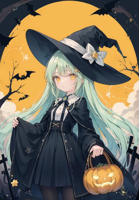 (pixiv masterpiece),best quality,1girl,cute,kawaii,small breasts,green hair,orange eyes,clover hair ornament,long hair,disheveled hair,messy hair,halloween costume,witch hat,star print,full moon,misty forest,dress,black pantyhose,wide shot,bat,jack-o'-lantern,horror \(theme\),kiyakyuu,yellow theme,<lora:necopul-000010:1>,