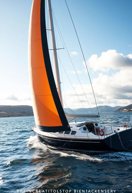 Modern sailboat on the sea sailing in the wind. Nice weather, small waves, shore visible in the background, in scotland, orange gennaker,