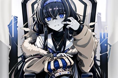 <lora:KING:0.9>, king, looking at viewer, holding, jewelry, earrings, bracelet, crown, throne, emotionless, (masterpiece, best quality:1), 1girl, solo, bags under eyes, bangs, black hair, blue eyes, halo, blue hairband, brown cardigan, long hair, white serafuku, white skirt, <lora:KozekiUiBlueArchive_10:0.8>