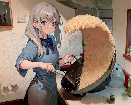 (best quality, masterpiece), ricewave, (1girl, solo,cooking, standing ,  gray hair, *//*, blue eye, *//*, white blouse, looking at viewer, closed mouth, upper body), (kitchen, holding wok, Spatula) <lora:fried-05:1>